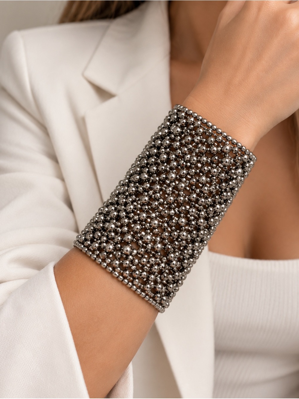 ZARA Silver-Tone Beaded Wide Statement Cuff Bracelet